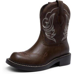 ⚡Women's All Brown Round Toe Embroidered Mid Calf Western Casual Cowgirl Boots